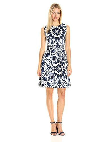 Taylor Dresses Mirror Print Fit And Glare Scuba, Navy Ivory, 12