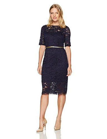 3/4 Sleeved Lace Dress With Self Belt In Petite, Navy, 2P