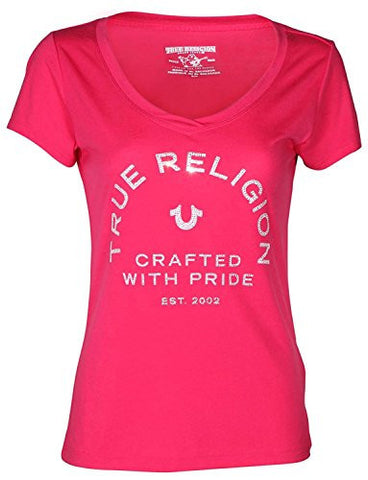 True Religion Crafted W/ Pride Rounded V Neck Tee Tshirt In Raspberry Xsmall, Raspberry