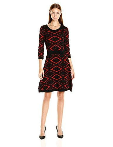 Diamond Jacquard Fit And Flare Sweater Knit Dress, Brick Black, M