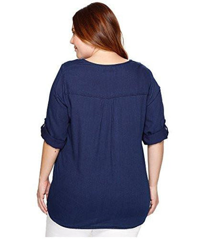 Plus Size Crossover Embroidered Top, Indigo, 0X