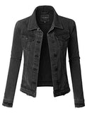 Le3No Vintage Washed Long Sleeve Ripped Distressed Black Denim Jacket