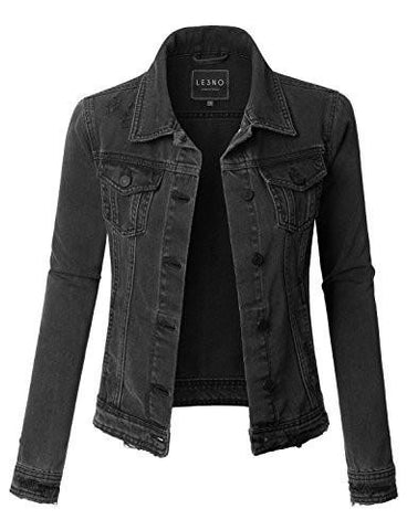 Le3No Vintage Washed Long Sleeve Ripped Distressed Black Denim Jacket