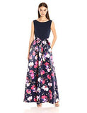 Ellen Tracy Sleeveless Gown With Printed Skirt And Sash, Navy Multi, 8