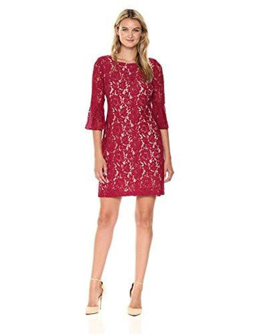 Lace Long Dress With Slight Bell Shape Sleeve, Merlot, 6