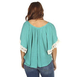 Top With Lace Accent Sleeves M Turquoise