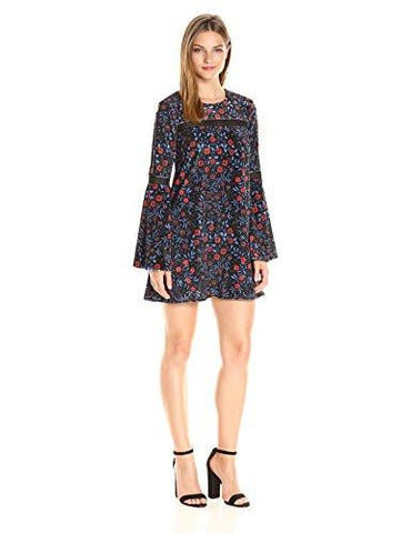 Folky Floral Printed Velvet Boho Trapeze Dress With Trim Detail, Black, 4