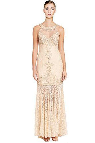 Embellished Lace Illusion Yoke Halter Evening Gown Dress
