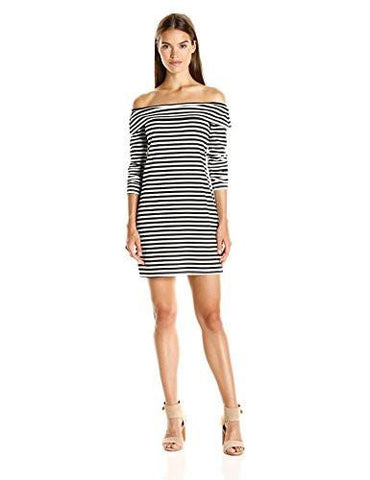 Trina Camellias Stripe Knit Off Shoulder Dress Blackwhite Wash Small