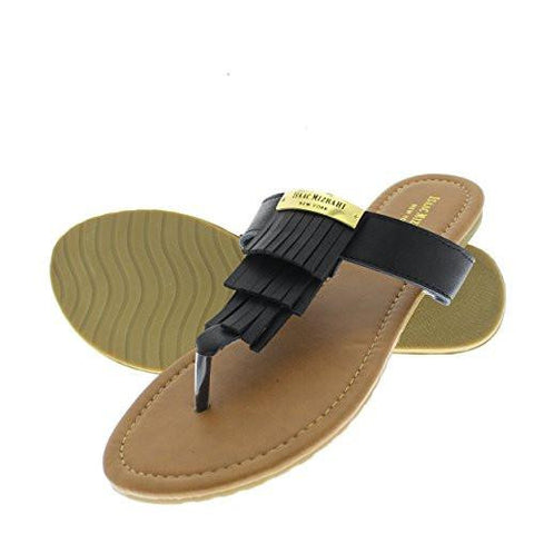 Keira Layered Kilty Fringe Gold Logo Plate TStrap SlipOn Slide Thong Flat Sandal Black 6 M Us