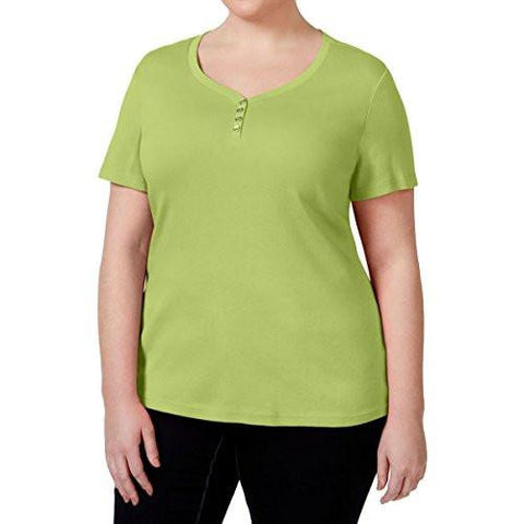 Plus Short Sleeves Pullover Henley Top White 3X