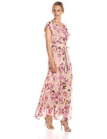 Floral Ruffle Shoulder Chiffon Maxi, Vintage Plum, 8