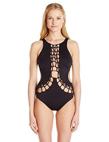 Kenneth Cole York Sexy Solids High Neck Lace Up Mio One Piece Swimsuit Black S