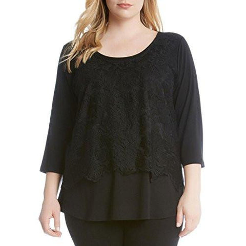 Plus Lace Overlay 3/4 Sleeves Casual Top Black 1X