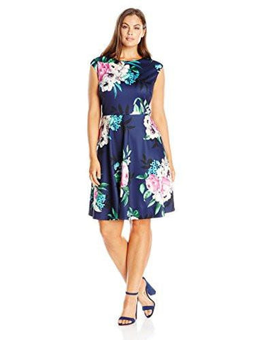 Plus Size Printed Cap Sleeve Dress, Navy/Multi, 18W