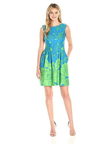 Fit And Flare Sketched Rose Print Scuba Dress, Azure Lime, 10