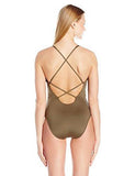 Kenneth Cole York Weave Your Own Way Solid Plunge Mio Sexy One Piece Swimsuit Olive M