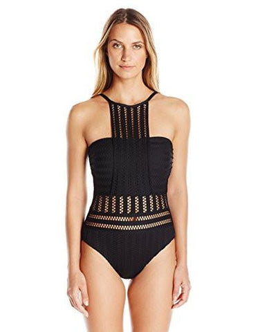 Kenneth Cole York Tough Luxe Crochet High Neck Mio One Piece Swimsuit Black Large