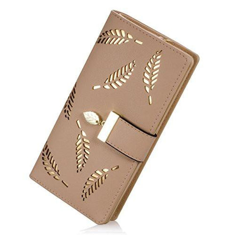 Long Leaf Bifold Wallet Leather Card Holder Purse Zipper Buckle Elegant Clutch Wallet Handbag Khaki