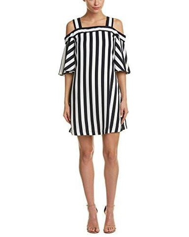 Cold Shoulder Flyaway Sleeve Stripe Dress, Navy White, 10