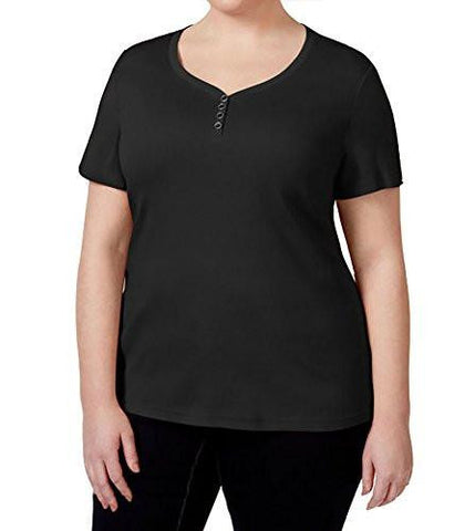 Plus Short Sleeves Cotton Henley Top Black 2X
