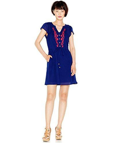 Embroidered Drawstring Dress Medium, Tartan Blue Combo