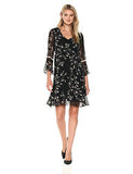 Etched Floral Fit And Flare Bell Sleeve Dress, Black/Beige, 10