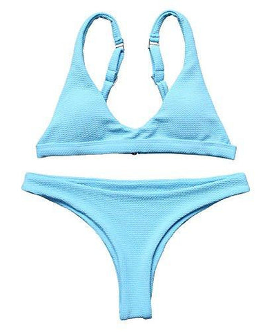 Mooskini Strap Bathing Suit 2Pcs Triangle Top Brazilian Bottom Padding Bikini Set S Blue