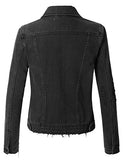 Le3No Vintage Washed Long Sleeve Ripped Distressed Black Denim Jacket