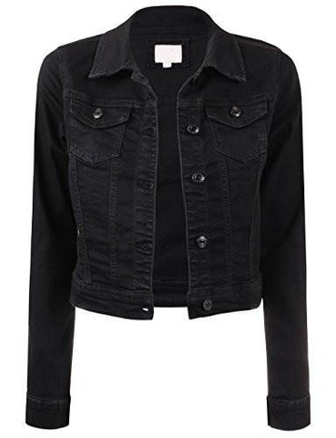 Kooldo Classic Long Sleeve Chest Flap Pocket Cropped Denim Jacket Sblack