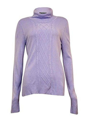 Cable Knit Long Sleeves Turtleneck Sweater Purple M