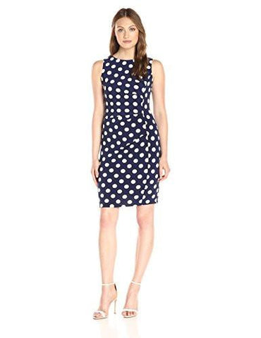Sleeveless Side Ruched Sheath, Navy/Ivory, 14