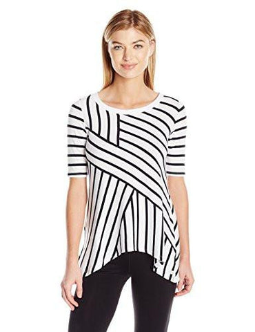 Performance Telegraph Stripe Spliced Ballet Sleeve Sharkbite Hem Top Black Combo L