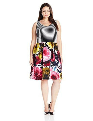 Taylor Dresses PlusSize Stripe Top Floral Bottom Ponte Scuba, Navy/Cream, 24W