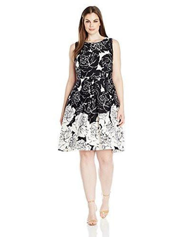 Taylor Dresses Plus Size Positive Negative Floral Border Scuba Fit And Flare Dress, Black/White, 20W
