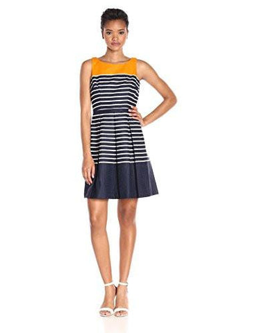 Taylor Dresses Solid Top With Stripe Bottom Fit And Flare, Tang/Navy, 12