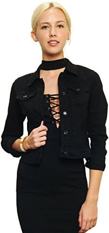 Trend Director Casual Basic Cropped Long Sleeve Button Down Denim Jacket In White Black & Blue Small Black