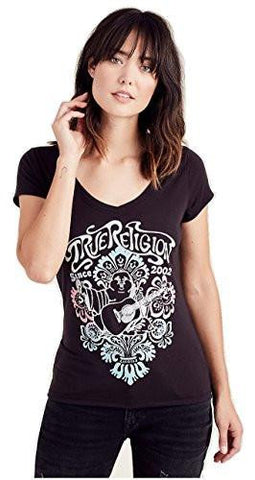 True Religion Damask Buddha Rounded V Neck Tee Tshirt In Black Small, Black