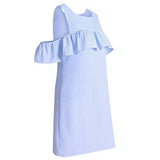 Molfroa Casual Feifei Sleeve Off Shoulder Round Neck Stripe Print Teens Tshirt Dresses Mlight Blue