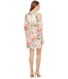 Chiffon Print Cold Shoulder Shift, Soft White/Bright Pink, 10