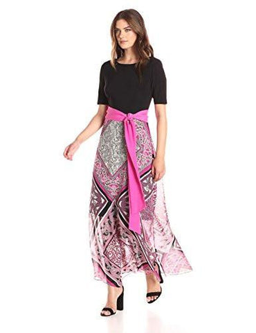 Elbow Sleeve Maxi Dress, Black/Fuchsia, 16
