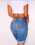 M2Mo High Waist Capri Jeans Sexy Ripped Hole Denim Shorts Dark Blue Us S