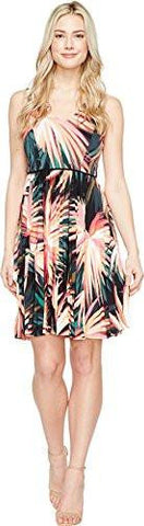 Maggy London Techno Palm Jersey Pleated Fit And Flare, Soft White/Orange, 10