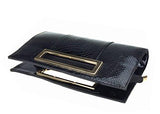 Hoxis Classic Crocodile Pattern Faux Patent Leather Metal Grip Cut It Out Clutch With Shoulder Strap Handbagblack