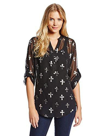 Rock 47 Three Quarter Sleeve Mandarin Collar Black Cross Print Shirt, Black, XSmall