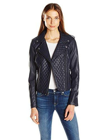 Faux Leather Assymetrical Diamond Quilted Motorcycle, Navy, Xs