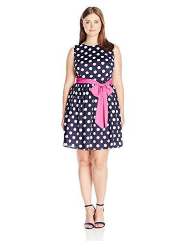 Plus Size Polka Dot Fit And Flare Dress, Navy/Ivory, 20W