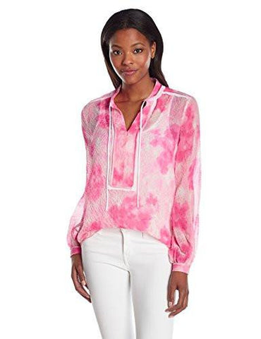 Ellen Tracy Placket Detail Blouse, Floral Pink Tulip, Xs