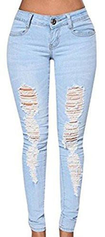 Blue Denim Stretch Jeans Destroy Skinny Ripped Distressed Pants