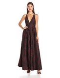 Jacquard Gown With Deep V Neckline And Open Back, Black/Burgundy, 10